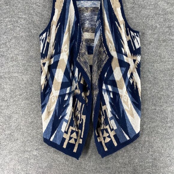 Democracy Sweater Women XL Blue Geometric Knit V-Neck Open Front Sleeveless - Picture 4 of 9